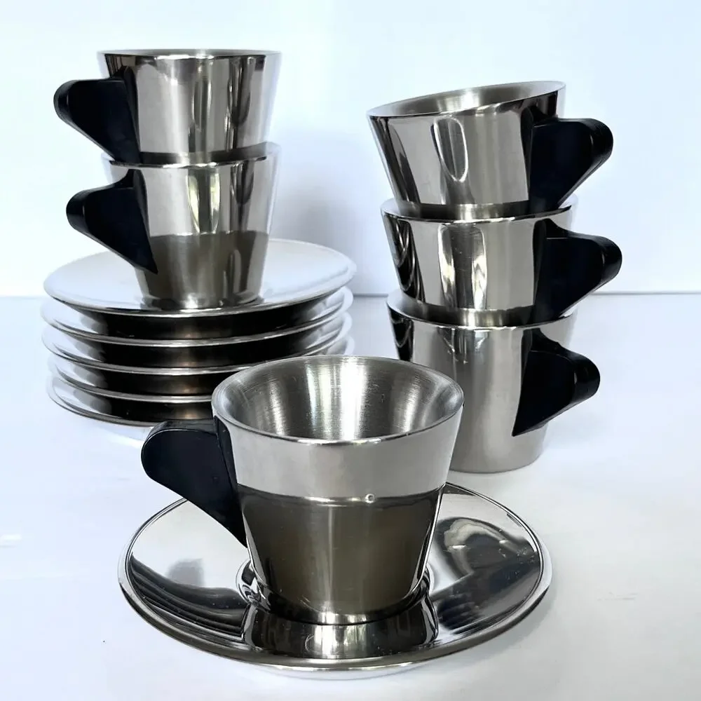 Set of 6 Vintage 1990s IKEA Stainless Steel Espresso Cups & Saucers Modernist